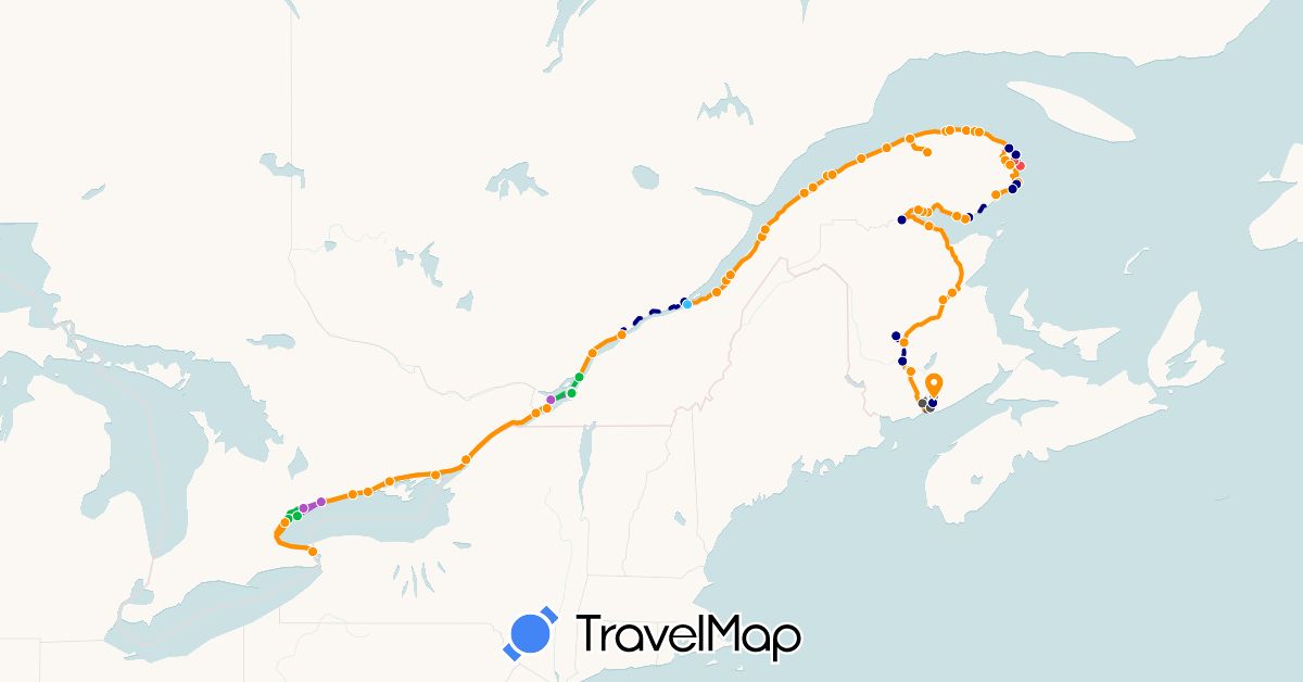 TravelMap itinerary: driving, bus, train, hiking, boat, hitchhiking, motorbike in Canada (North America)
