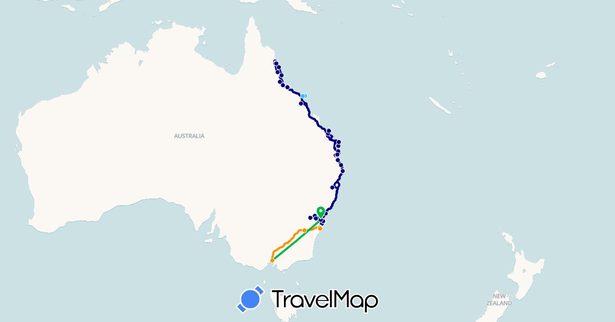 TravelMap itinerary: driving, bus, boat, hitchhiking in Australia (Oceania)